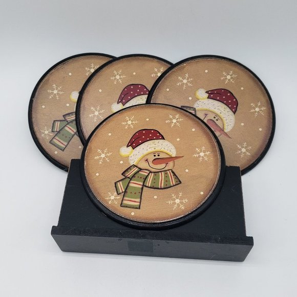 Vintage Wooden Set of 4 Snowman Snowflake Coasters with Holder - Picture 3 of 9